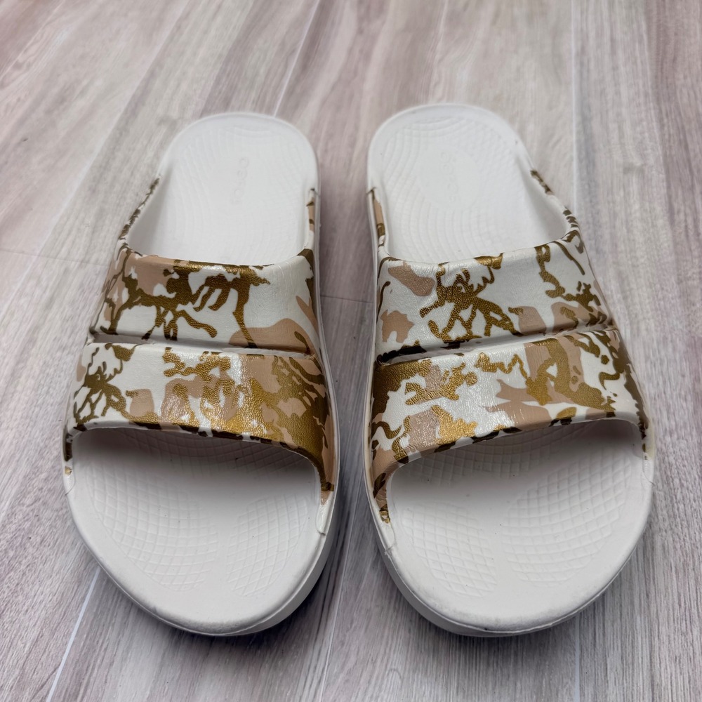 OOFOS OOahh Sport Slide Sandals Womens 8 39 White Gold Camo Good Recovery Shoes